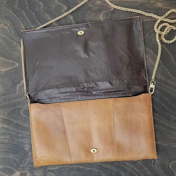 Vtg yellow tan reptile leather envelope crossbody purse - Picture 4 of 16
